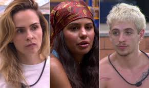 Três participantes do BBB 23: Bruna Griphao, Sarah Aline e Gabriel Santana em um momento de tensão no reality show.