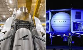 It's time to go back to the moon, this time to stay. Jeff Bezos Blue Origin Delivers 40 Foot Tall Mockup Lunar Lander To Nasa Daily Mail Online
