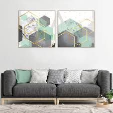 Set Of 2 Mint Green Grey Gold Downloadable Geometric Square Prints Geometric Wall Art Abstract Geometric Hexagon Art Large Square Posters Mint Green Bedroom Mint Living Rooms Green Home Decor