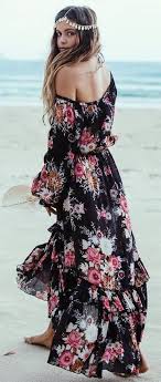 Black Floral Off Shoulder Maxi Dress Boho Summer Outfits Boho Outfits Boho Fashion