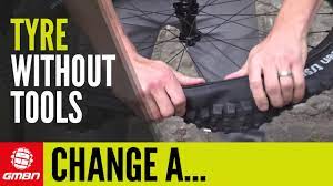 I've tried it with road bike tires, but they are tighter to the rim it's much more difficult to do. How To Change A Tyre With No Tools Mountain Bike Maintenance Youtube