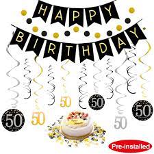 Planning a 50th birthday party and looking for something that's really unexpected. 50th Birthday Decorations Kit For Men Women 50 Years Old Party No Assembly Required Black Gold Happy Birthday Banner Hanging Swirls Circle Dots Hanging Decoration Number 50 Table Confetti Amazon In