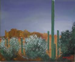 Square card with green cactus plants and flowers. Desert Oasis Paintings For Sale Saatchi Art