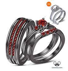 14k Black Gold 1 30 Ct Red Garnet His And Her Band Bridal Trio Wedding Ring Sets Wedding Ring Trio Sets Black Gold Engagement Rings Blue Sapphire Wedding Band