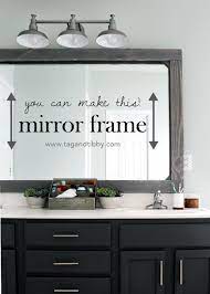 Build a beautiful window frame mirror for loads of farmhouse charm in the bathroom. How To Frame A Mirror With Wood Tag Tibby Design Bathroom Mirror Frame Rustic Mirror Frame Bathroom Mirrors Diy
