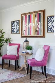 Pink Chairs Navy And Yellow Decor In My Living Room I Love Our Reclaimed Wood Sign With Our Blac Colourful Living Room Yellow Living Room Living Room Colors