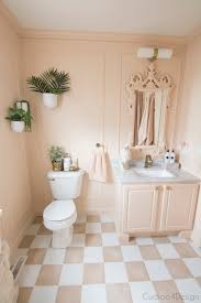 Shabby chic bathroom boasts oval venetian mirror. Blush And Marble Vintage Inspired Budget Bathroom Remodel Cuckoo4design