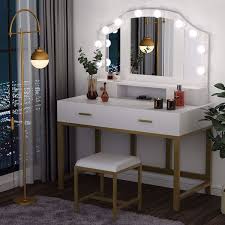 Everly Quinn Haledon Lighted Makeup Vanity Set With Stool Included And Mirror Reviews Wayfair