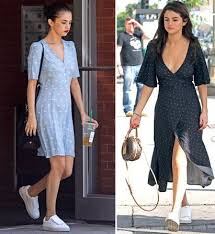 If You Like Selena Gomez S Dress And Sneaker Combo Then You Ll Love These 5 Outfits Sneakers Fashion Outfits Dress With Sneakers Casual Chic Outfit