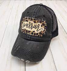 Warrior Leopard Print Embroidered Raggy Patch Distressed Black Trucker Hat Or Messy Bun High Ponyt Black Trucker Hat Trucker Hat Baseball Cap Outfit