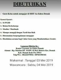 Telusur:negara kode area kode pos kategori tambahkan bisnis. Lowongan Guru Sdit Az Zahra Demak Sdit Az Zahra Demak