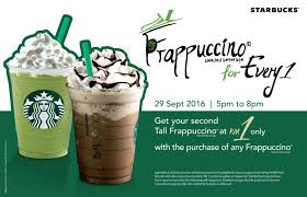Earn 1 star every time you spend inr 300 with your registered get started by registering a starbucks card. Starbucks Rm1 Second Tall Sized Frappuccino Promotion 5pm 8pm 29 September 2016