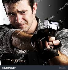 Portrait Young Soldier Pointing Gun Against Stock Photo 93469024