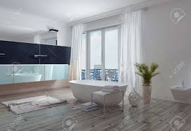 Badewannen und duschwannen sofort ab lager im. Moderne Stilvolle Weisse Badezimmer Mit Freistehender Badewanne Lange Wand Spiegel Und Waschtisch Und Raumhohen Fenstern Die Zu Einer Terrasse 3d Rendering Lizenzfreie Fotos Bilder Und Stock Fotografie Image 50410376