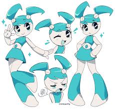 cremanata, jenny wakeman, my life as a teenage robot, highres, 1girl, :o,  ;d, black eyes, blue hair, blush, blush stickers, closed eyes, joints,  multiple views, one eye closed, open mouth, robot, robot