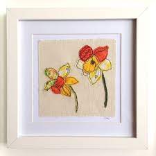 Daffodils Flower Framed Wall Art Picture Gift Personalised Machine Embroidered Stitched Fabric Applique Birthday Sympathy Wall Art Pictures Art Flower Frame