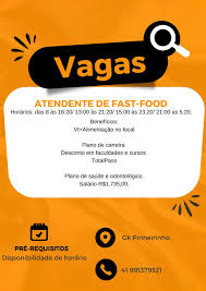 Vaga para atende de Fast-Food. Loja atende apenas delivery. Funcionamento  das 10 às 4 da manhã. Horários disponíveis das 8 às 16:20, das 13 às 21:20,  das 15 às 23:20 e das