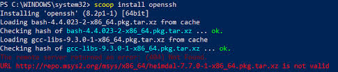 scoop install openssh" fails, heimdal-7.7.0-1-x86_64.pkg.tar.xz package is  not in repository · Issue #4151 · lukesampson/scoop · GitHub