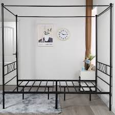 Matte black powdercoated iron streamlines the classic canopy bed in dramatic silhouette. Vecelo Metal Canopy Bed Frame Twin Full Queen 3 Options Overstock 32500330 Twin