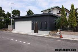 台形の鉄骨車庫ガレージ 倉庫 事務所 施工例 茨城県 神栖市 かっこいいデザイン車庫ガレージ 倉庫 ガレージハウス施工例 鉄骨 ガレージハウス ガレージ