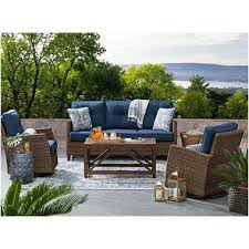 Member S Mark Agio Fremont 4 Piece Patio Deep Seating Set With Sunbrella Fabric Indigo Sam S Club Outdoor Furniture Deep Seating Outdoor Seating Set