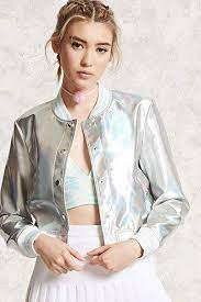 Holographic Bomber Jacket Forever 21 Leather Look Jackets Women Celebrities Leather Jacket