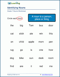 Noun exercise for grade 1 interactive worksheets maker. Identifying Nouns Worksheets For Grade 1 K5 Learning