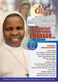 She has gone to Rest: Rev.Sr.Gertrude Mary Emadago, EHJ Join us in praying  for the repose of her soul. Her Burial has been scheduled for Monday  February 7th, 2022 and February 8th,