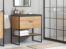 A common misconception with bathroom vanity cabinets is that a vanity is all one cabinet, when in most cases, especially when two sinks are being incorporated, it's a combination of cabinets. Industrial Bathroom Vanity Unit With Ceramic Basin 60cm Black Metal Frame Oak Loft Style Impact Furniture