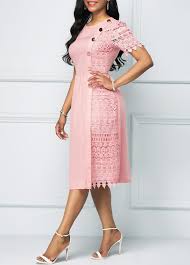 Light Pink Button Detail Lace Panel Dress Rosewe Com Usd 32 36 Shop Casual Dresses Lace Panel Dress Patchwork Dress