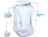 1 Gallon Plastic Grip Jar with Cap, PET, Clear, 4 Pack