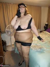 BunnyGram - Fluffy Granny In Tan Pantyhose Smoking a Cigar Pics