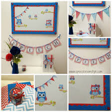 It includes owl stampers, pencil sharpeners, erasers, small notepads, pencils, stress toys and friendship bracelets. Speech Room Decor Red And Blue Owl Theme Speech Room Style