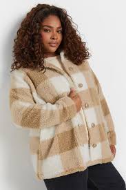 Yours Women's Plus Size Check Teddy Borg Fleece Jacket in Natural Brown, Size 12
