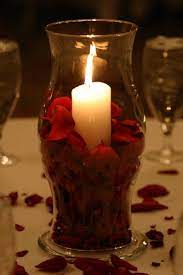 Hurricane Centerpiece With Pillar Candle And Rose Petals Cakes Centerpieces And Headtables Showcase Diy Centerpieces Wedding Cheap Candle Centerpieces Wedding Centerpieces