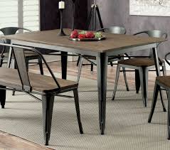 Brushed faux medium cherry wood matte pewter and bronze metal round dining table features an interesting curve and scroll designed bottom dining chair seat upholstered in a diamond pattern taupe/beige fabric. Industrial Wood Metal Dining Table Rajtaishree