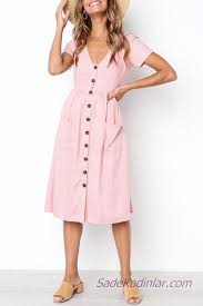 2019 Onden Dugmeli Elbise Modelleri Pembe Midi V Yakali Kisa Kollu Kiyafet Kombinleri Moda Stilleri The Dress Elbise