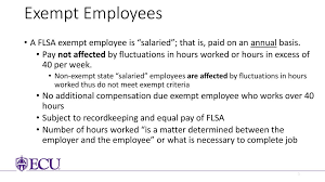 Generally, employees classified as exempt are paid an annual salary and not entitled to overtime and may not need to be paid minimum wage, while nonexempt. Fair Labor Standards Review Overview Of Exemptions Flsa Ppt Download