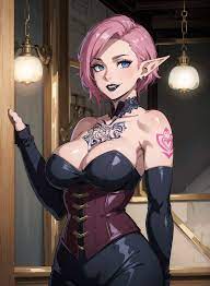 1girls ai generated big breasts big tiddy goth big titty goth  bimbo black lips black lipstick blue eyes breasts curvy curvy body curvy  female curvy milf elf elf ear