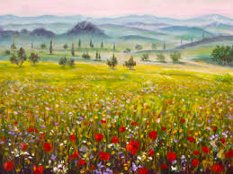 This is a small painting inspired by the nova scotia landscape, its beautiful rolling hills and small family farms. Artwork Italian Tuscany Cypresses Landscape With Mountains Flowers Red Poppies Field Painting On Canvas Illustration Art Stock Photo Picture And Royalty Free Image Image 95312071