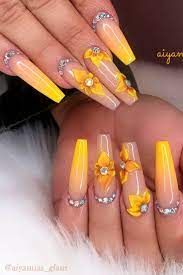Glossy Yellow Ombre Nails With Sparkling Rhinestones In 2021 Ombre Nails Acrylic Nails Yellow Ombre Nail Designs