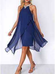 Solid Sleeveless Sheath Shift Knee Length Party Dresses Navy Blue Chiffon Dress Blue Chiffon Dresses Shop Casual Dresses