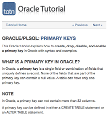 Oracle Tutorial Explains How To Create Drop Disable And Enable Primary Keys Oracle Primary Syntax