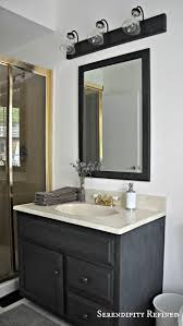 Serendipity Refined How To Update Oak And Brass Bathroom Fixtures With Spray Paint And Brass Bathroom Fixtures Black Bathroom Light Fixtures Bathroom Fixtures