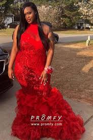 Red Sequin Illusion Neck Ruffled Plus Size Prom Prom Girl Dresses Black Girl Prom Dresses Plus Prom Dresses