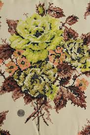 Large cushioned seat with a. Vintage Cotton Upholstery Fabric Cross Stitch Print Floral Brown Blush Pink Lime Green