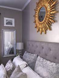 Copy this grey bedroom idea and contrast those darker grey with a really crisp fresh white. Grey And Gold Bedroom Decoration Decor Headboard Sunburst Mirror Modern Antique Starburst Wall Mi Grey And Gold Bedroom Gold Bedroom Decor Silver Bedroom Decor