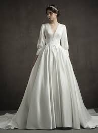 White Satin Deep V Neck Long Sleeve Wedding Dress With Train In 2020 Wedding Dress Long Sleeve Wedding Dress Sleeves Wedding Dresses