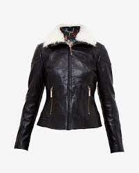 Shearling Leather Jacket Black Jackets Coats Ted Baker Uk Designer Outfits Woman Leather Jacket Black Real Leather Jacket