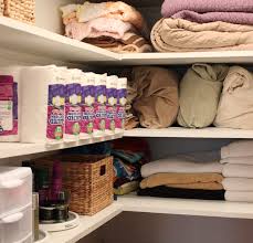 This freestanding linen tower fits nicely with any decor and can be used in the bathroom, kitchen, pantry, closet, or garage to create stylish additional storage. Sadie Road Organized Styled Tips For Taming Linen Closet Clutter